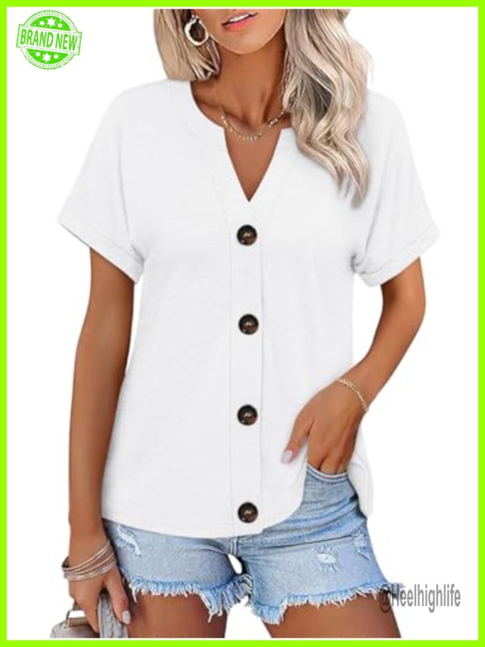 Womens Button Down Shirt Short Sleeve V Neck Roll Up Cuff Summer Top